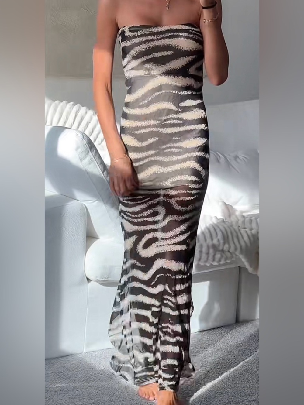 Sheer Zebra-Print Slip Dress in Black and Cream
